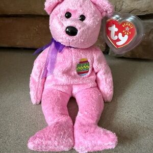 Ty Beanie Baby Pink Plush Easter Bear Eggs 2000 with Purple Ribbon Bow